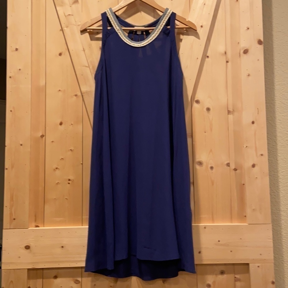 Charming Charlie Navy Dress w Crochet Neck Cut Out Back Size Small